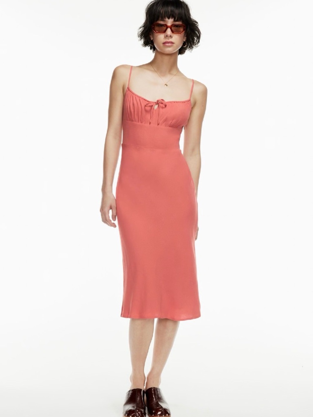 WILFRED Aritzia Bellow Midi Dress in Warm Sienna Red Ruched Party Wedding Size 0